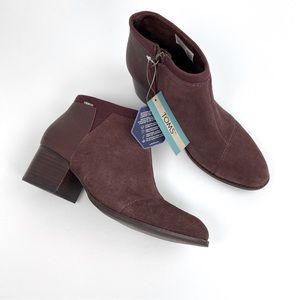 NWT TOMS Suede Leather Block Heel Bootie Loren Boot Brown Burgundy 7 Classic